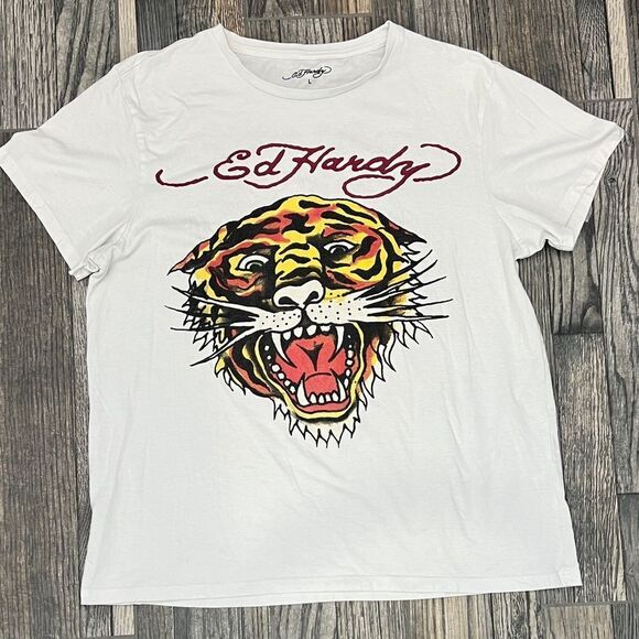 🔥 Y2K ED HARDY DESIGNS Tiger Face Graphic T-Shirt Sz LARGE - Excellent Conditio - Picture 2 of 6
